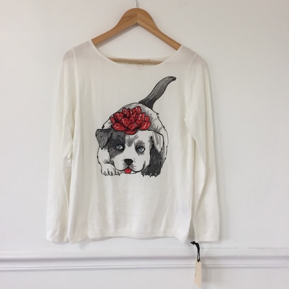 Emaline Dog Graphic Floral Rhinestone Sweater - Picture 1 of 5